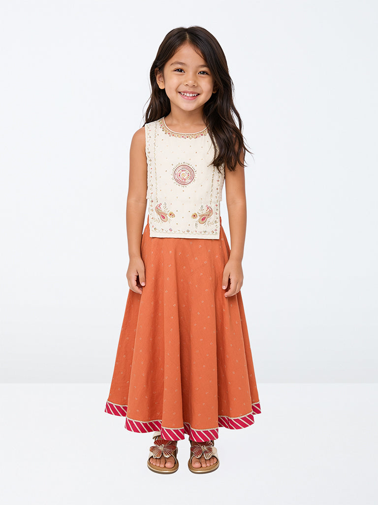 Utsa Kids Girls Orange Embroidered Top and Skirt Set - (2-8 yrs)