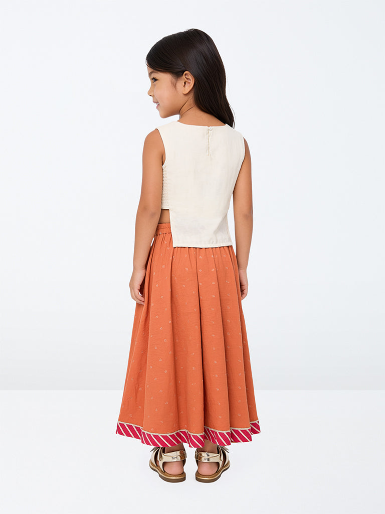 Utsa Kids Girls Orange Embroidered Top and Skirt Set - (2-8 yrs)