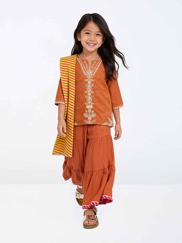 Utsa Kids Girls Orange Embroidered Kurta and Sharara Set - (2-8 yrs)