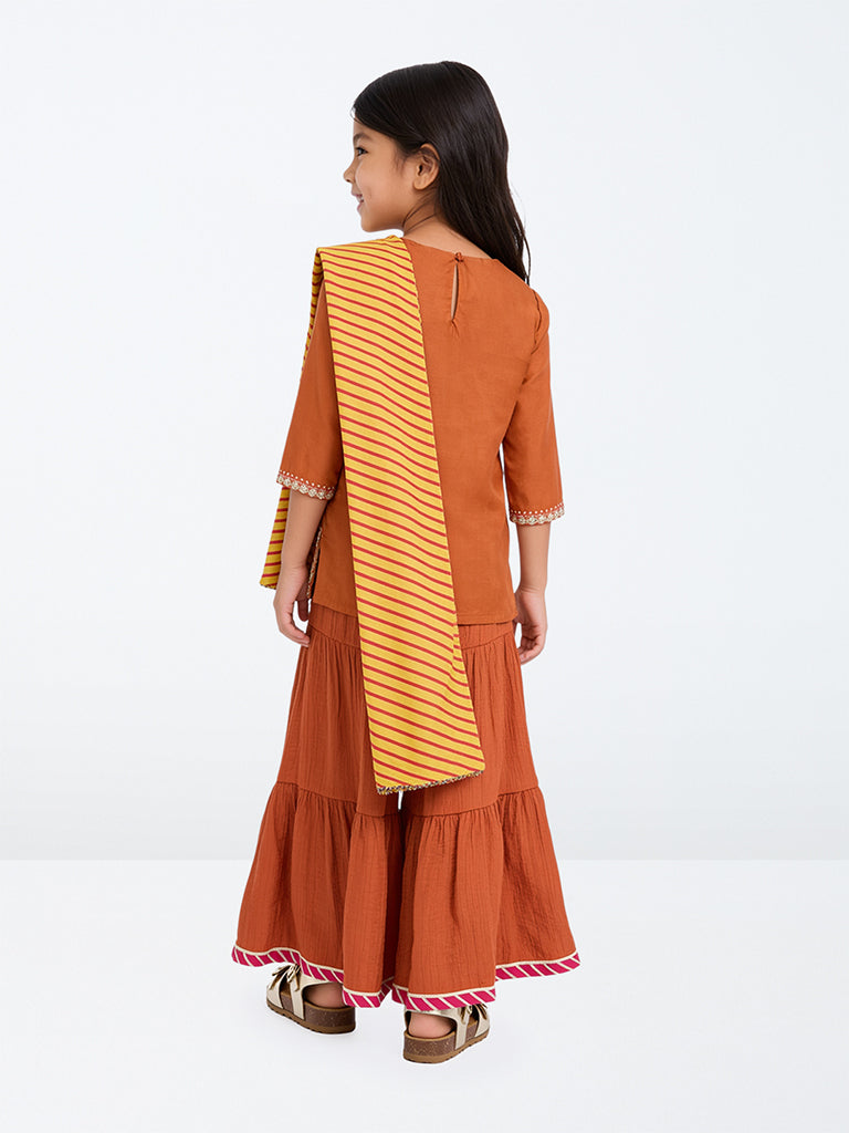 Utsa Kids Girls Orange Embroidered Kurta and Sharara Set - (2-8 yrs)