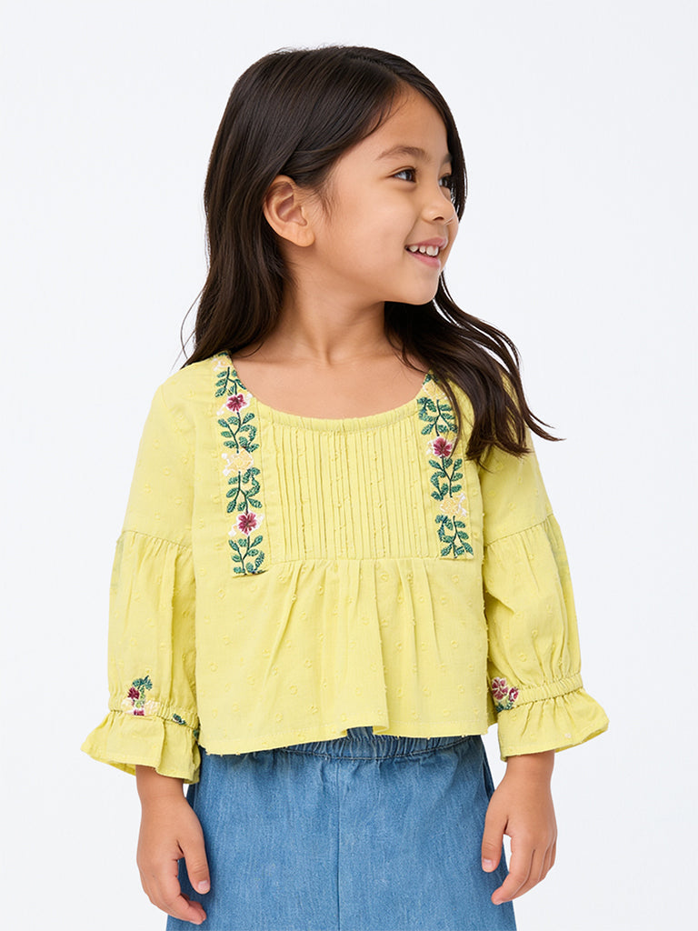 Utsa Kids Girls Yellow Floral Embroidered Cotton Top - (2-8 yrs)