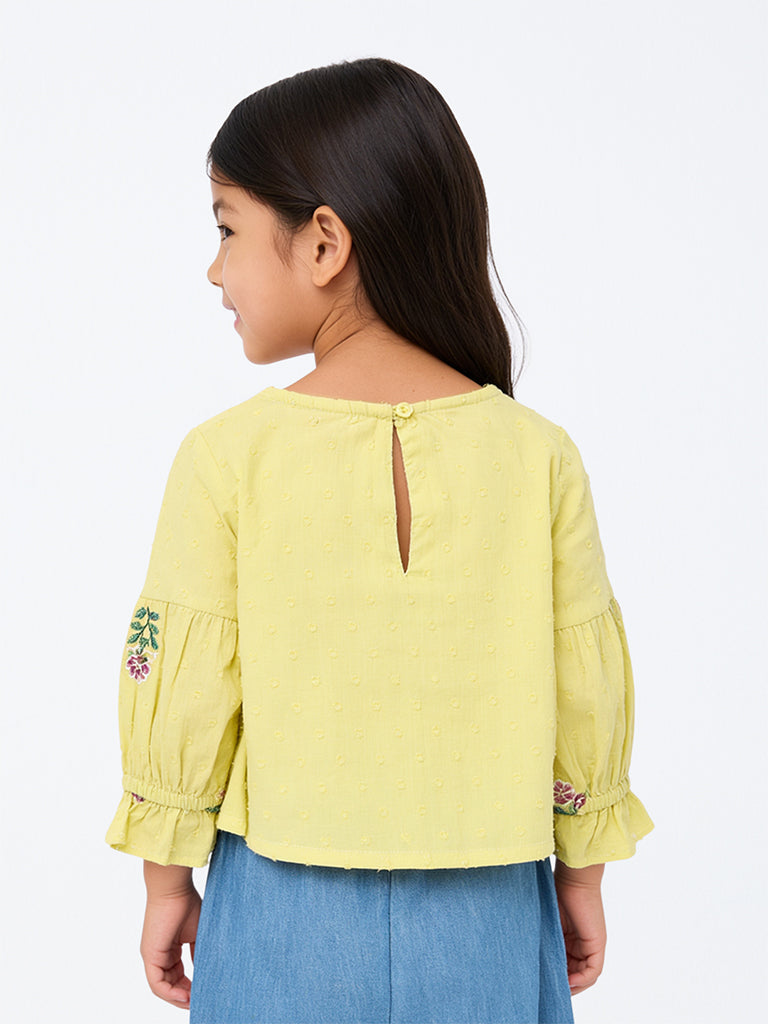 Utsa Kids Girls Yellow Floral Embroidered Cotton Top - (2-8 yrs)