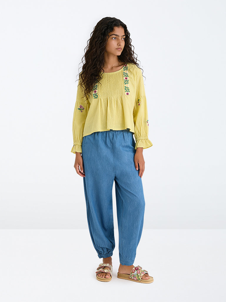 Utsa Kids Girls Blue High-Rise Denim Joggers - (8-14 yrs)