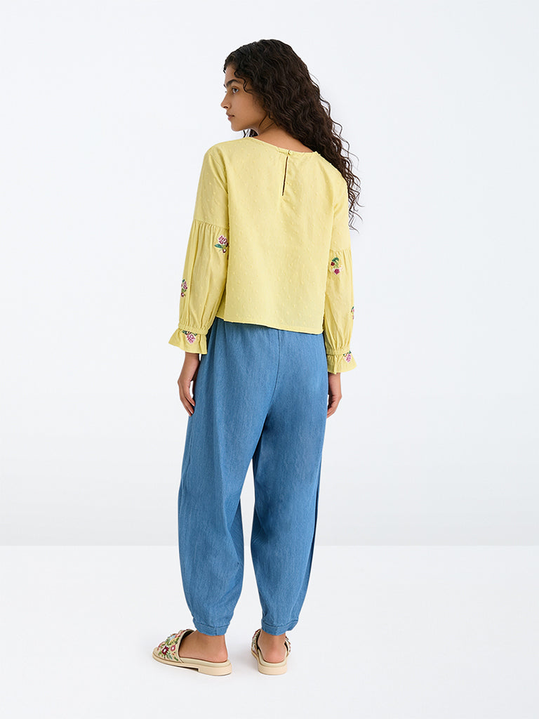 Utsa Kids Girls Blue High-Rise Denim Joggers - (8-14 yrs)