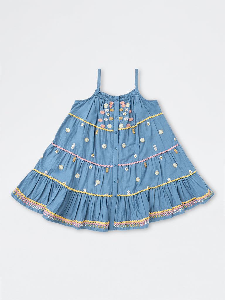 Utsa Kids Girls Blue Floral Embroidered Cotton Tiered Dress (8-14 yrs)