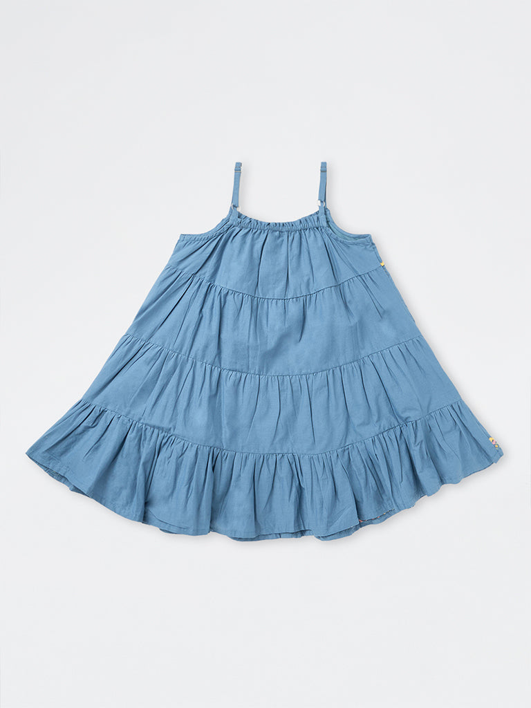 Utsa Kids Girls Blue Floral Embroidered Cotton Tiered Dress (8-14 yrs)