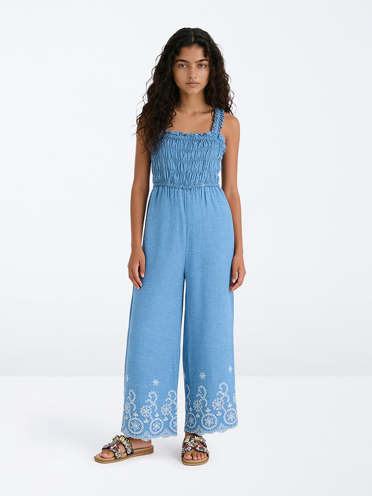 Utsa Kids Girls Blue Floral Embroidered Denim Jumpsuit - (8-14 yrs)