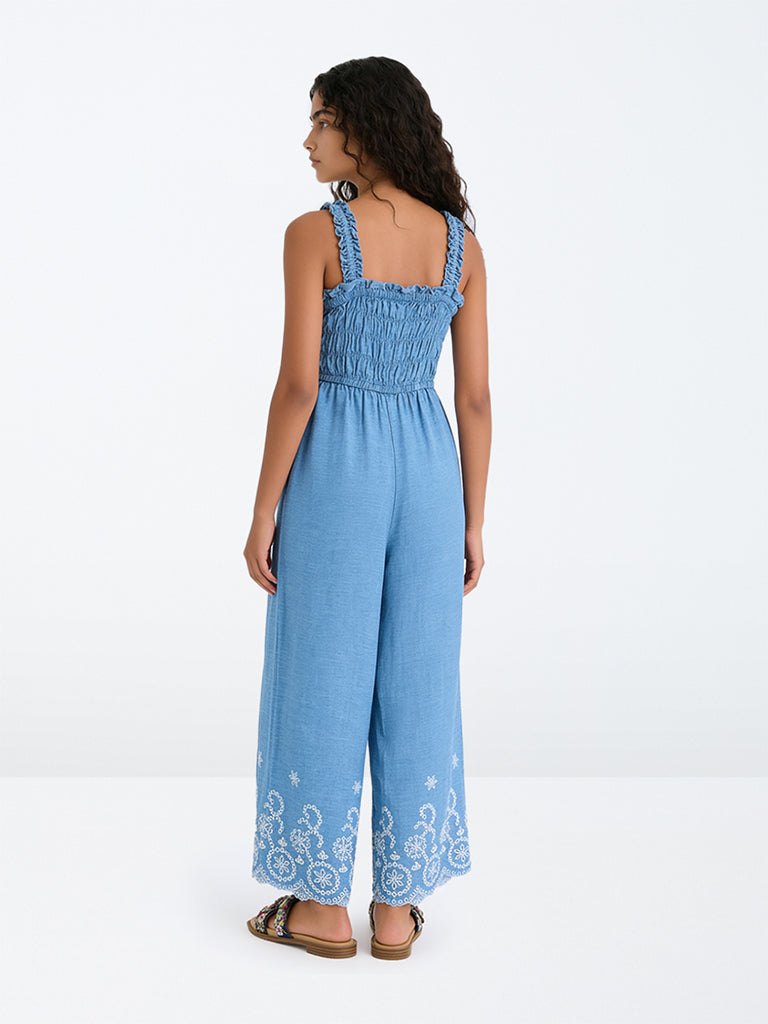 Utsa Kids Girls Blue Floral Embroidered Denim Jumpsuit - (8-14 yrs)