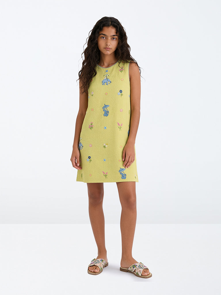 Utsa Kids Girls Yellow Embroidered Cotton Sheath Dress - (8-14 yrs)