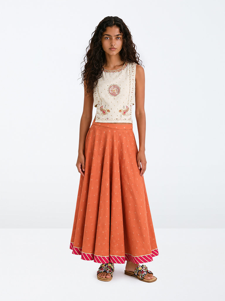 Utsa Kids Girls Orange Embroidered Top and Skirt Set - (8-14 yrs)