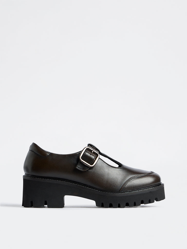 LUNA BLU Dark Brown T-Strap Chunky Mary Jane Shoes