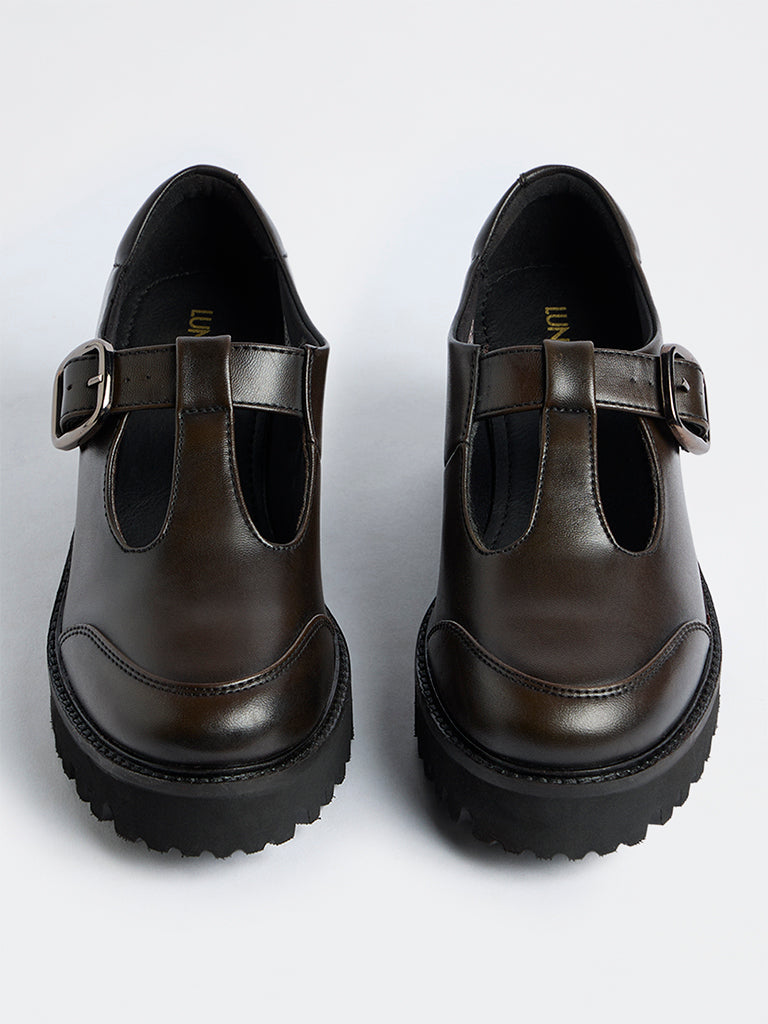 LUNA BLU Dark Brown T-Strap Chunky Mary Jane Shoes