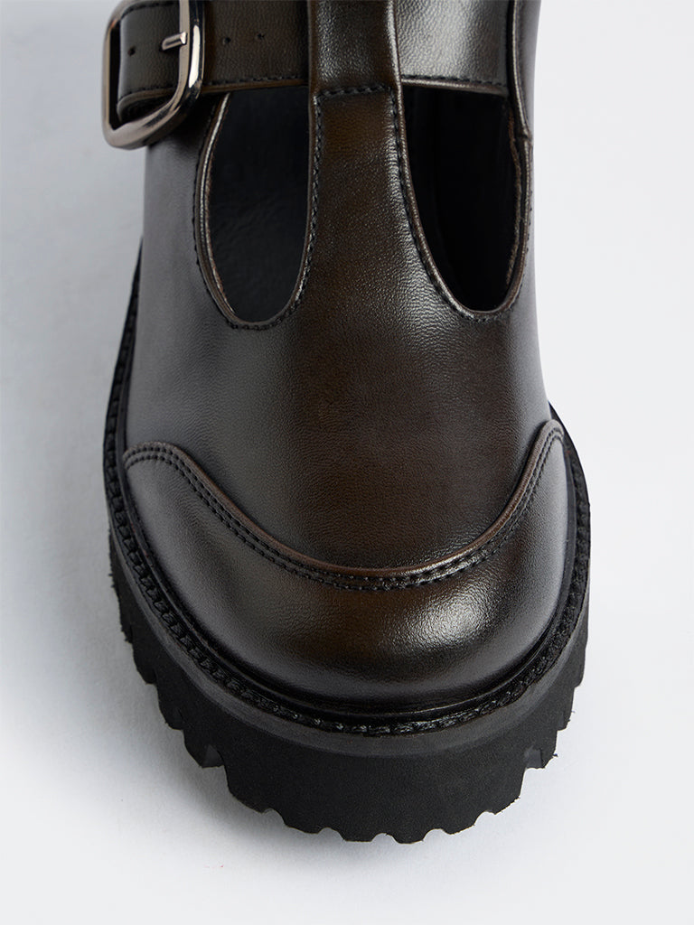 LUNA BLU Dark Brown T-Strap Chunky Mary Jane Shoes