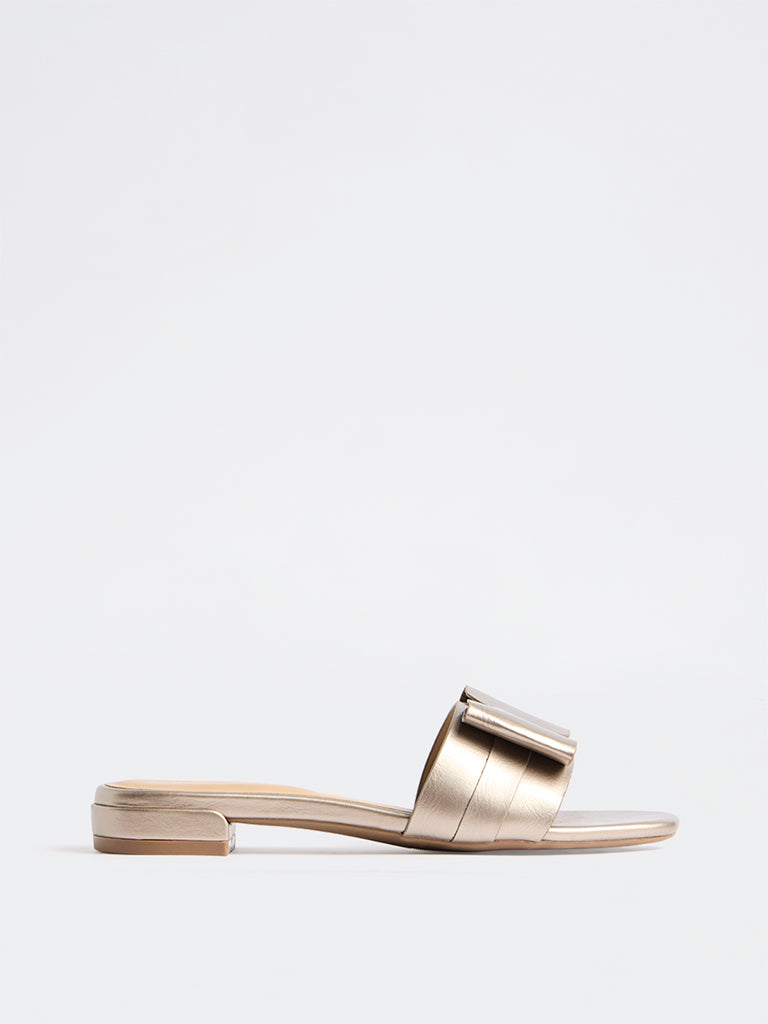 LUNA BLU Champagne Bow-Detail Slides