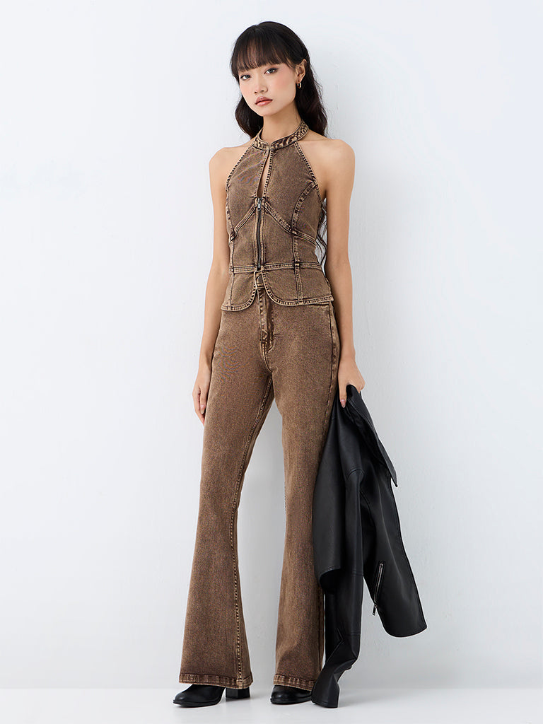 Nuon Brown Halter-Neck Denim Waistcoat