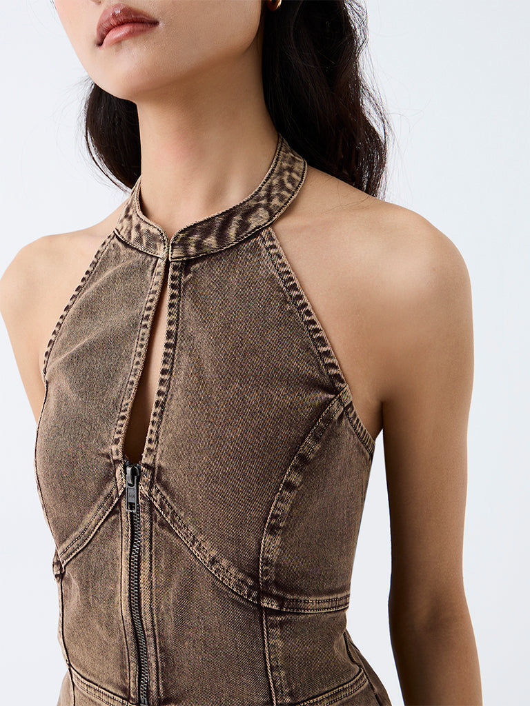 Nuon Brown Halter-Neck Denim Waistcoat