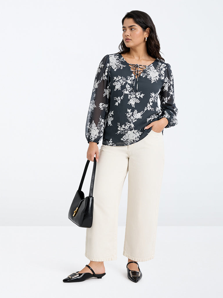 Gia Dark Grey Floral Printed Blouse