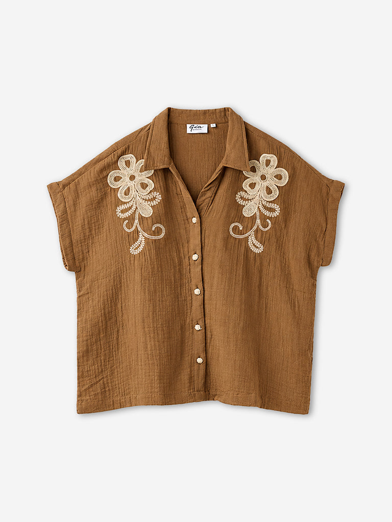 Gia Brown Floral Embroidered Cotton Shirt