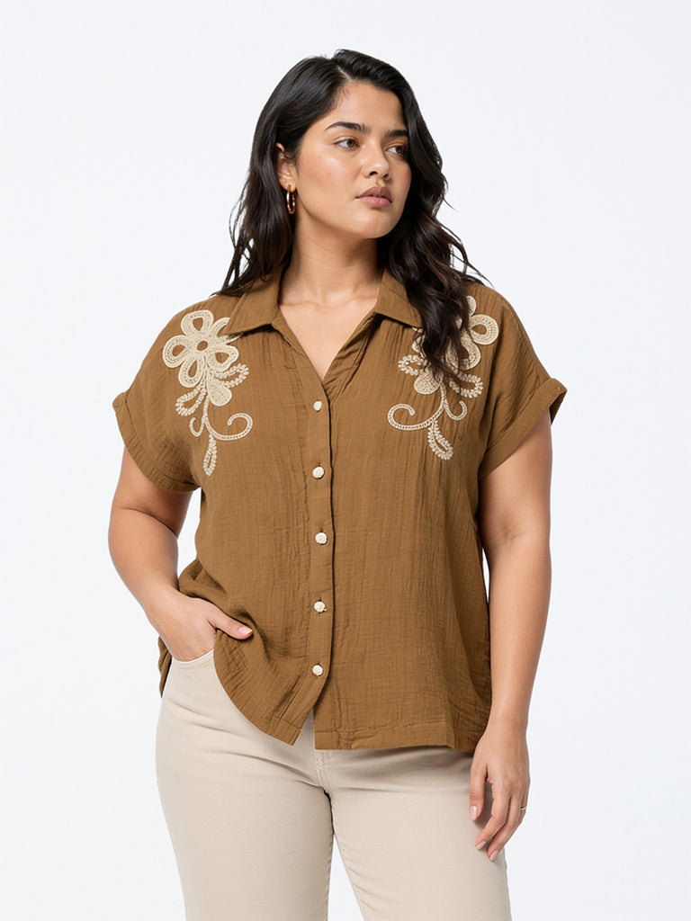 Gia Brown Floral Embroidered Cotton Shirt