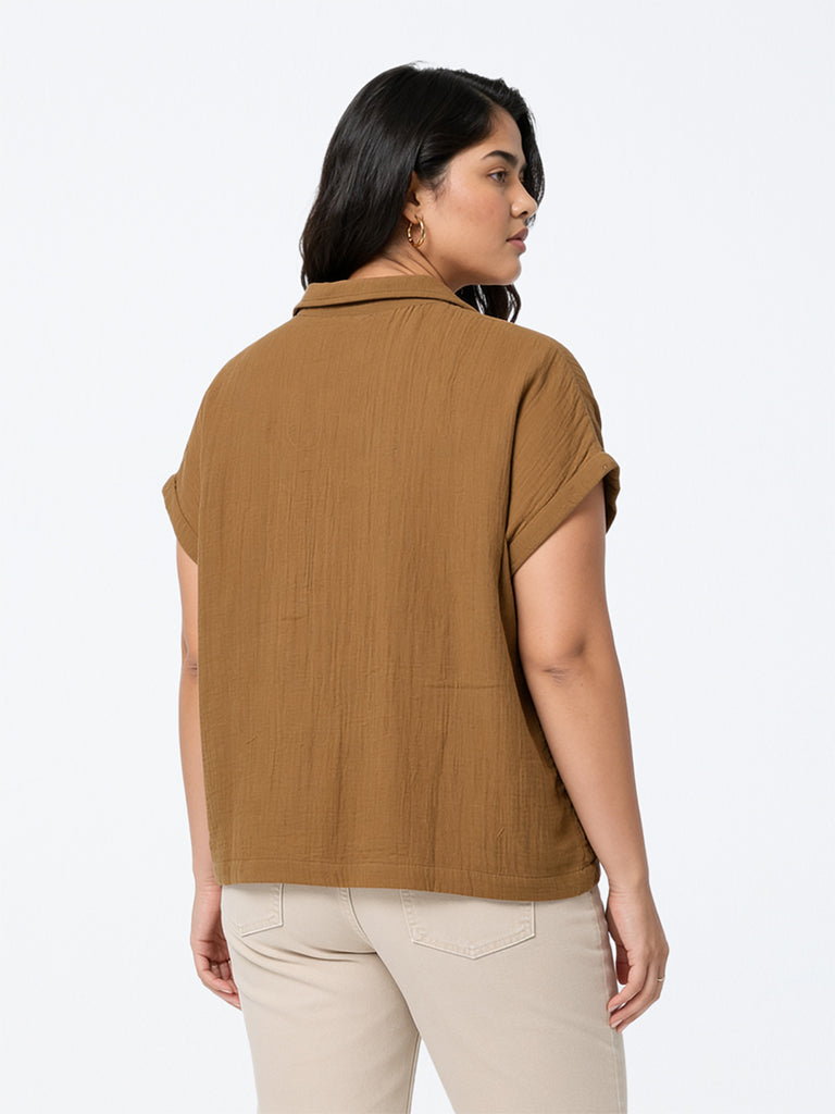 Gia Brown Floral Embroidered Cotton Shirt