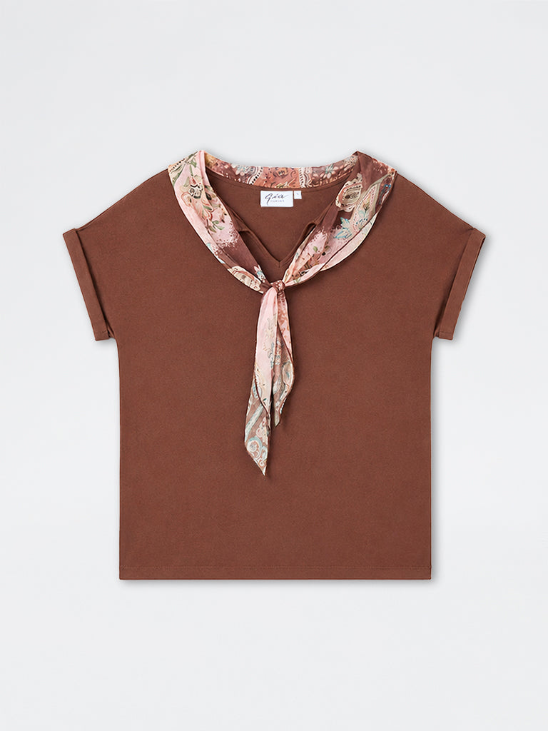 Gia Brown Scarf-Detail Cotton Top