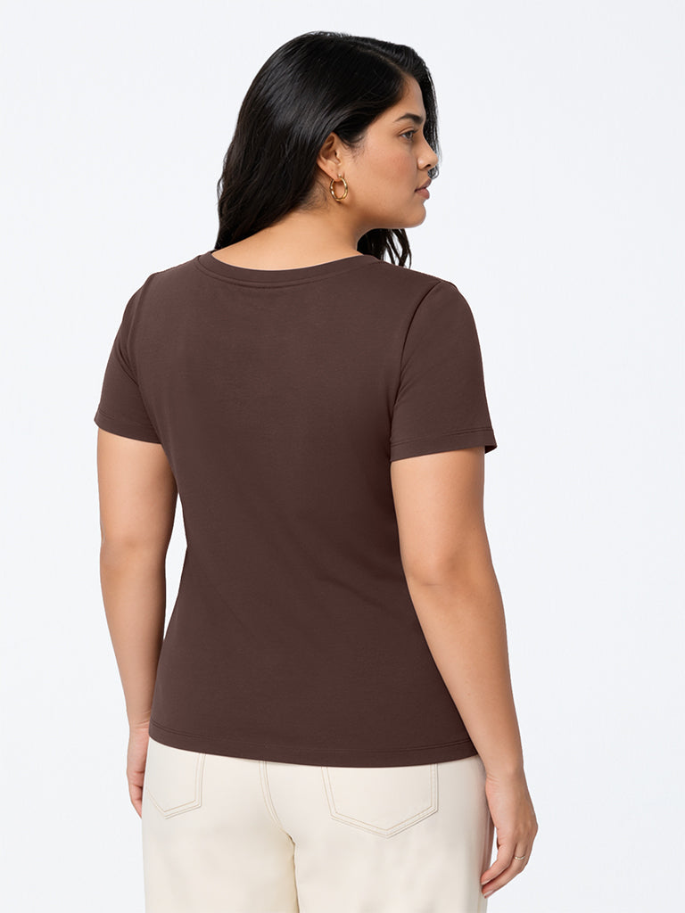 Gia Dark Brown Typography Cotton T-Shirt