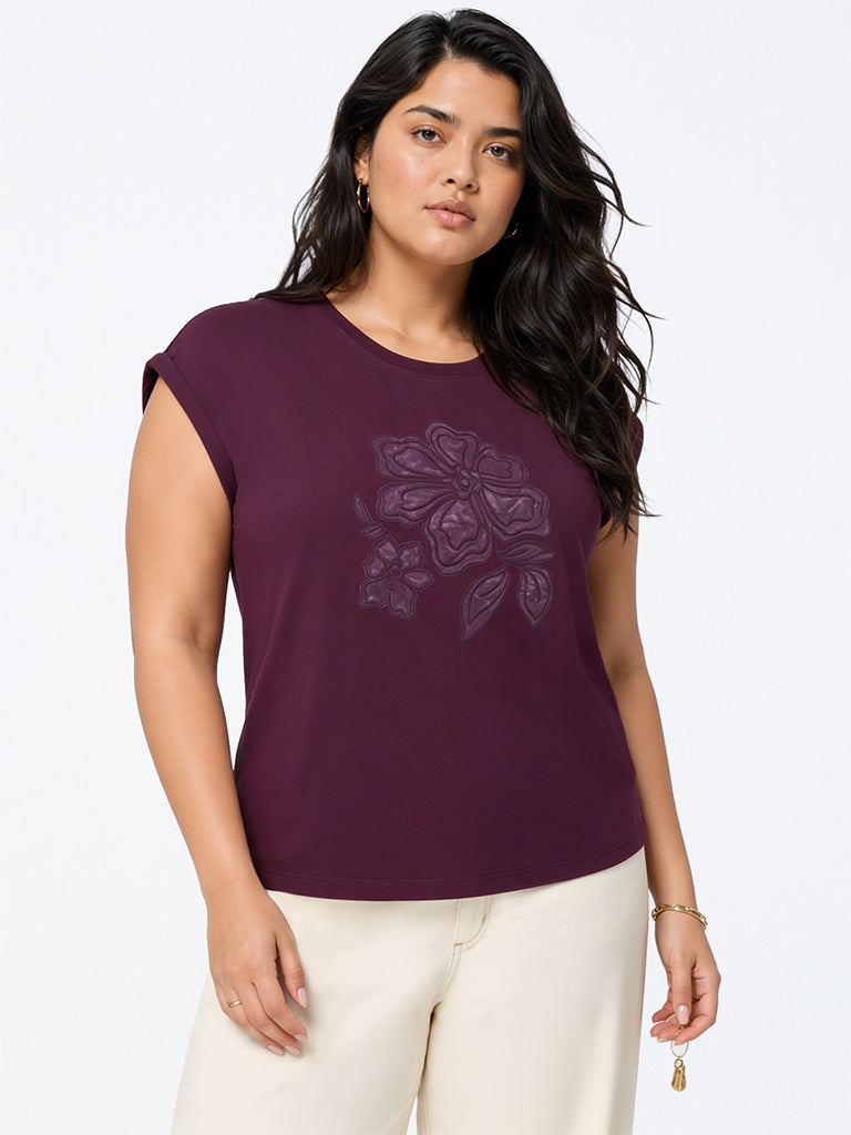 Gia Plum Floral Embroidered Cotton T-Shirt