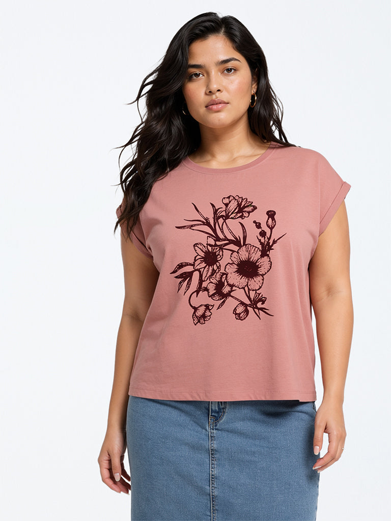 Gia Dusty Pink Floral Pattern Cotton T-Shirt