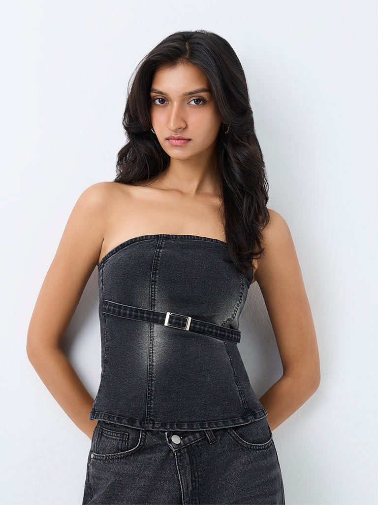 Nuon Charcoal Washed Belt-Detail Denim Tube Top