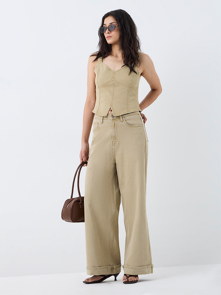 Nuon Khaki Solid Denim Top