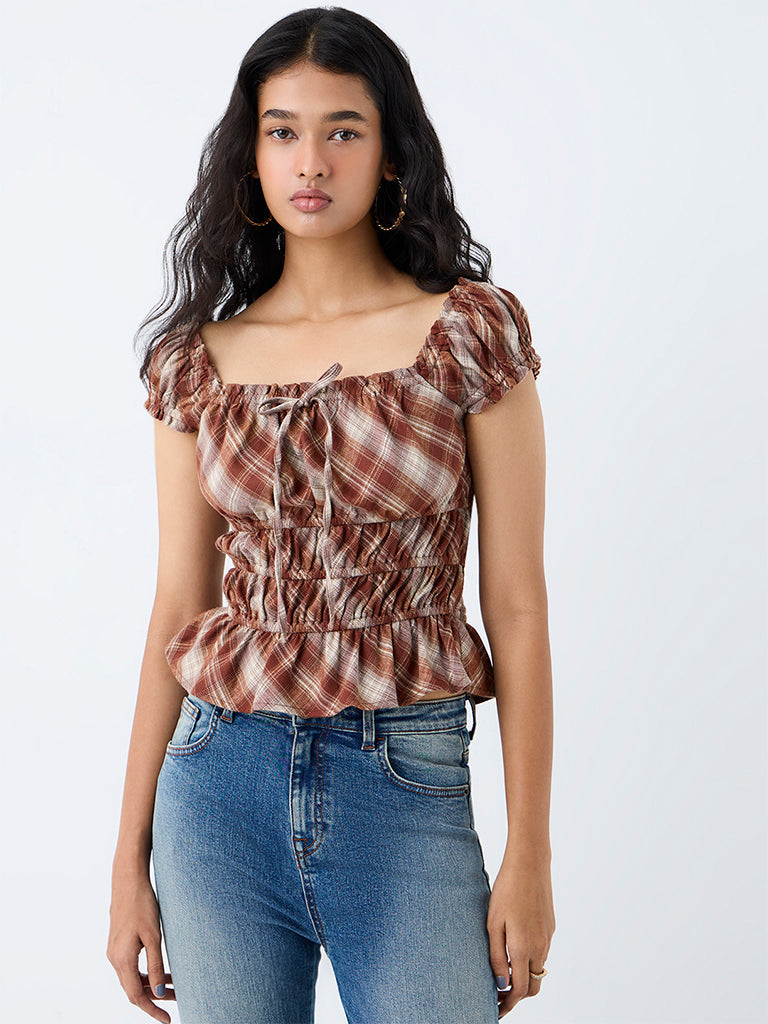 Nuon Brown Checkered Smocked Top
