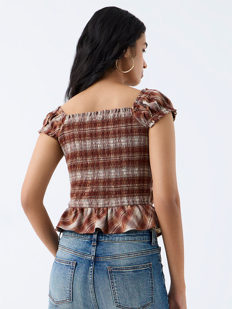 Nuon Brown Checkered Smocked Top