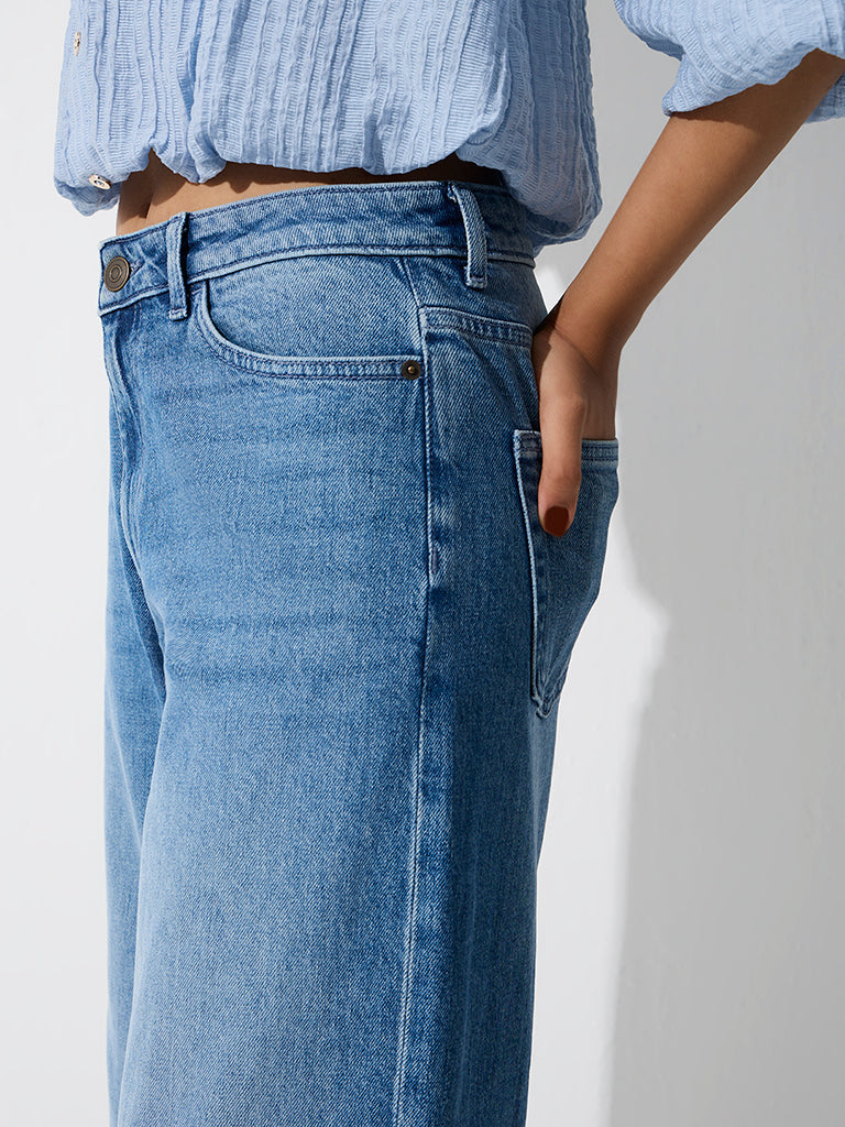 LOV Blue Washed High-Rise Wide-Leg Jeans
