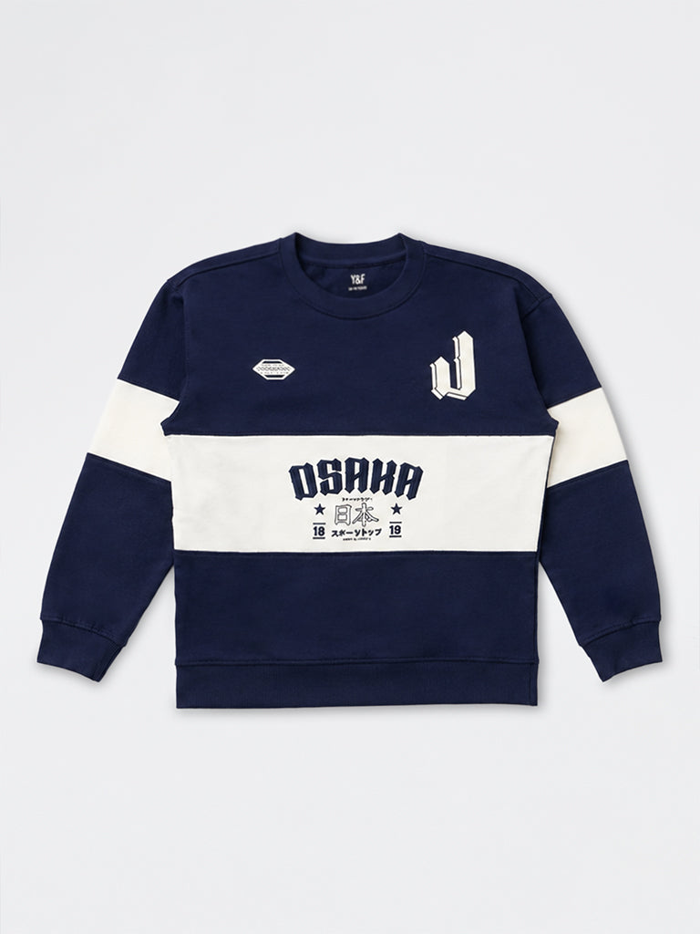 Boys Navy Printed Cotton-Blend Sweatshirt