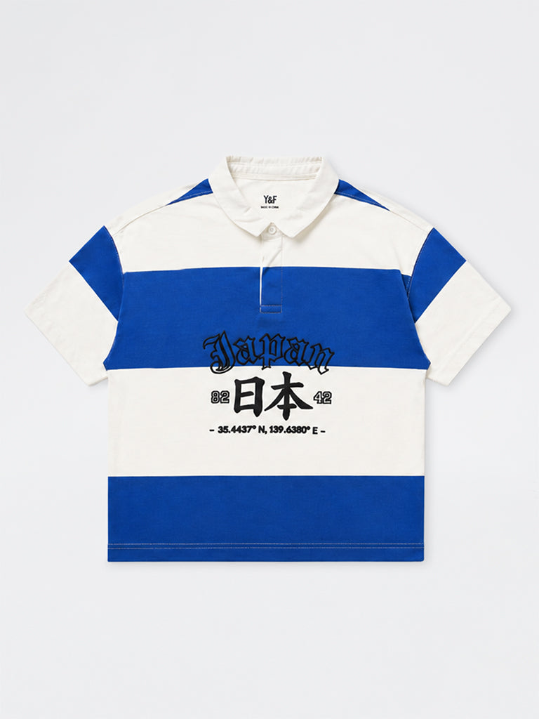 Boys Off-White and Blue Striped Cotton Polo T-Shirt