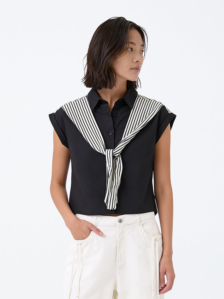 Girls Black Tie-Up Detail Cotton Shirt