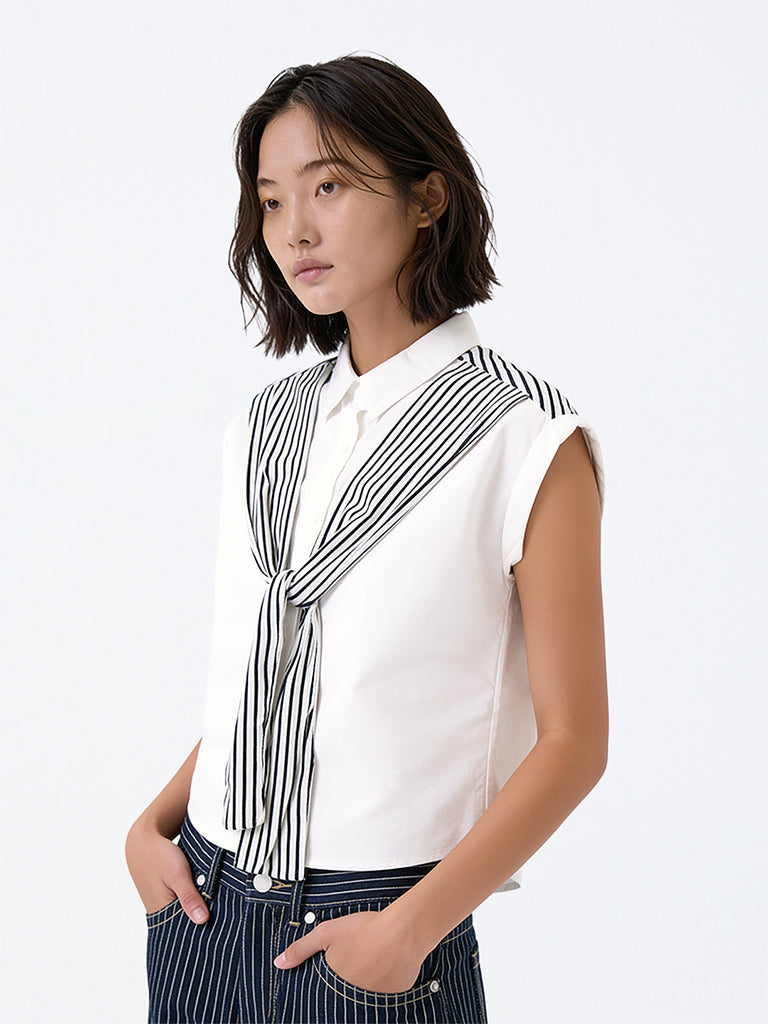 Girls White Striped Tie-Up Detail Cotton Shirt