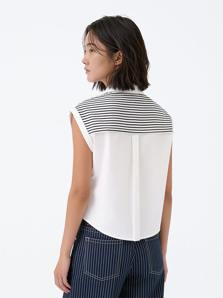 Girls White Striped Tie-Up Detail Cotton Shirt