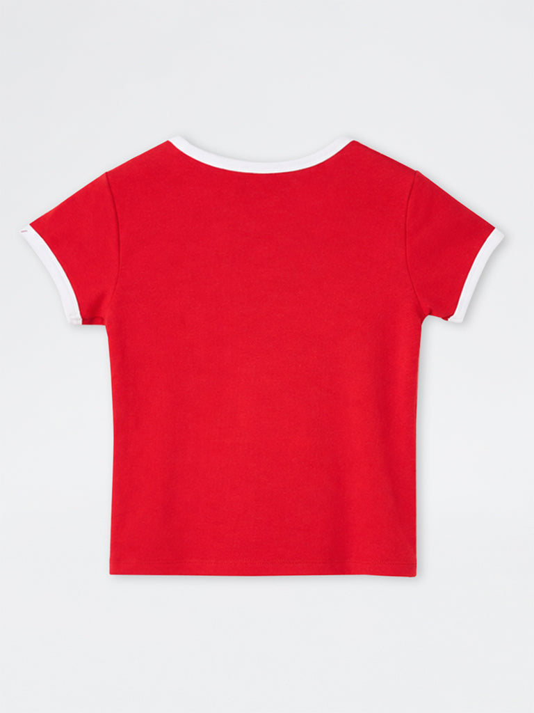 Girls Red Numerical Design Cotton-Blend T-Shirt