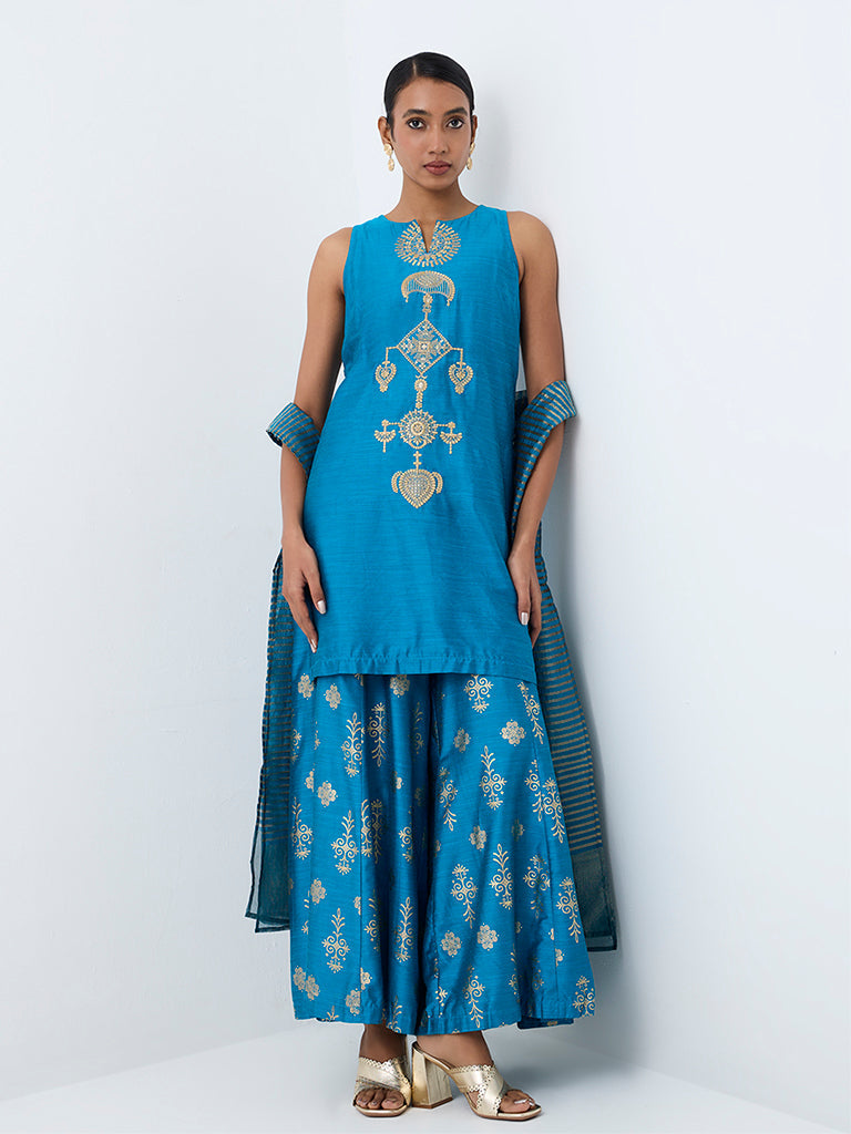 Vark Blue Zari Embroidered A-Line Ethnic Set