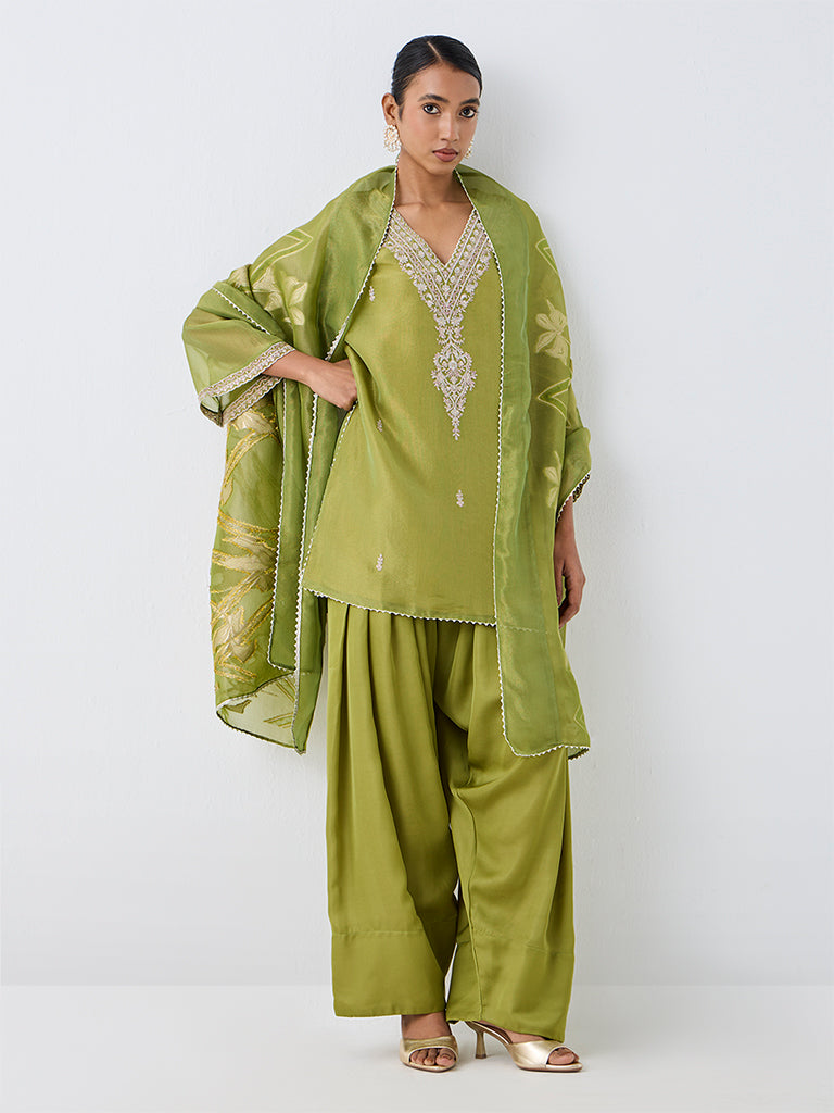 Vark Lime Green Floral Embroidered Short Kurta with Farshi Salwar Set