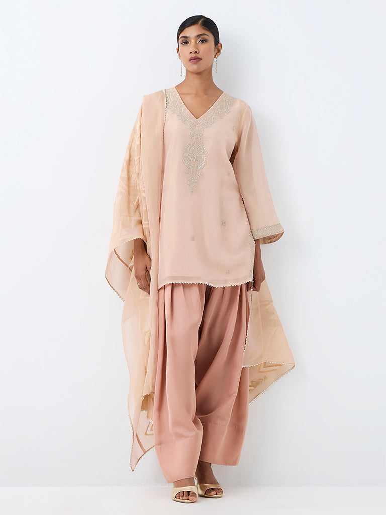Vark Peach Floral Embroidered A-Line Ethnic Set