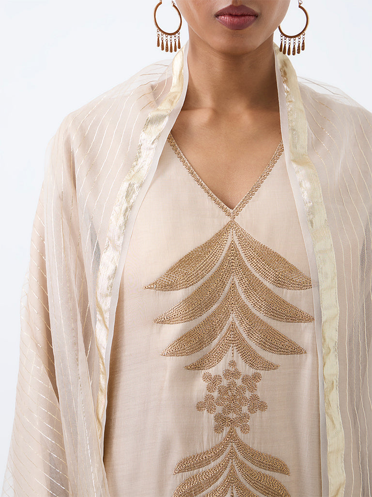 Vark Light Gold Botanical Embroidered A-Line Ethnic Set