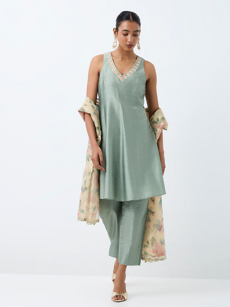 Vark Mint Floral Design A-Line Ethnic Set