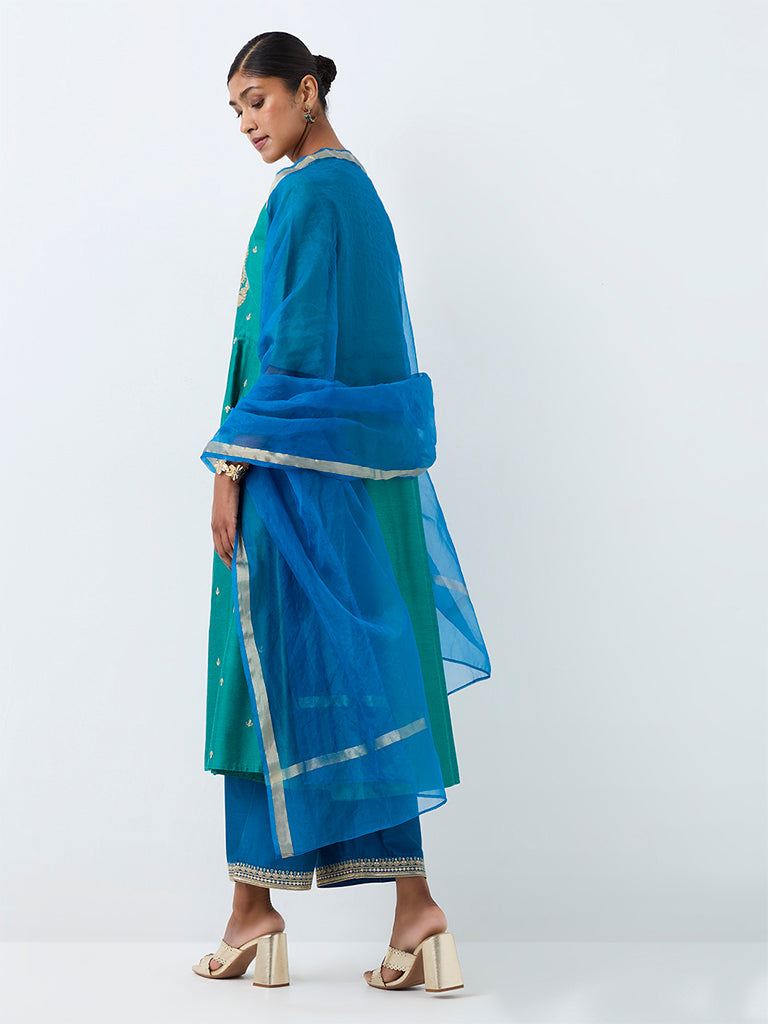 Vark Teal Floral Embroidered Flared Ethnic Set