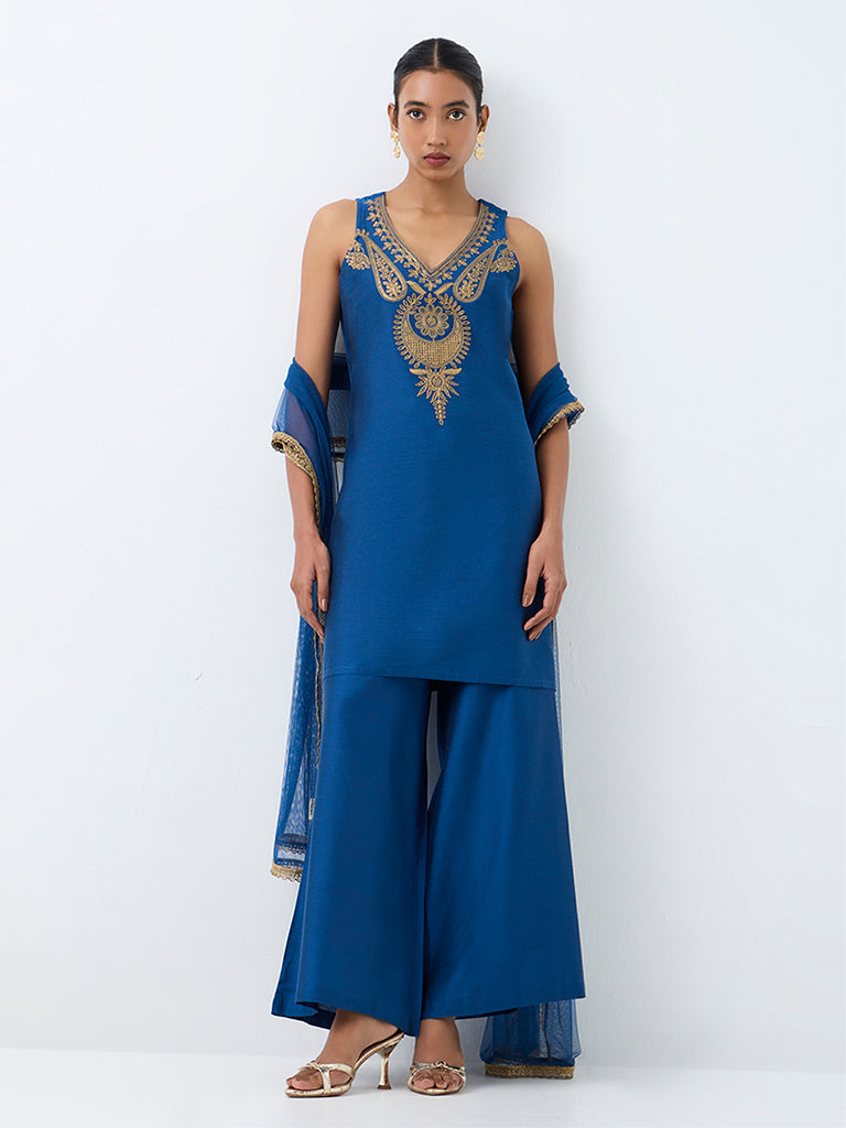Vark Dark Blue Zari Embroidered A-Line Ethnic Set
