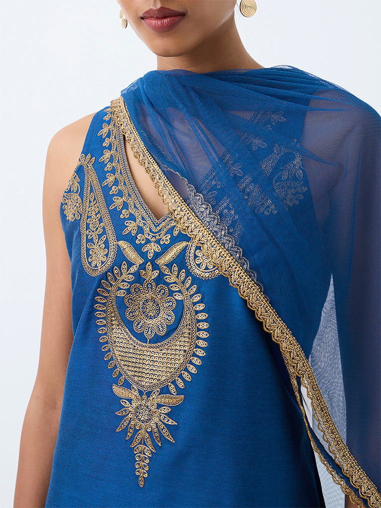 Vark Dark Blue Zari Embroidered A-Line Ethnic Set