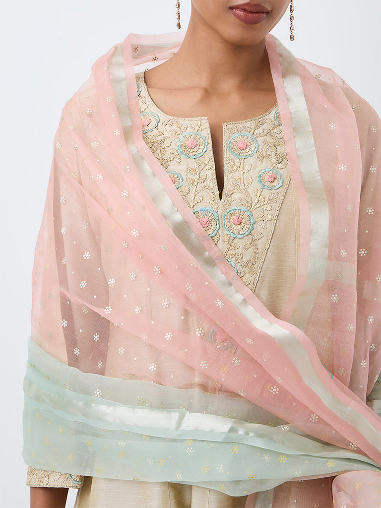 Vark Beige Floral Embroidered Flared Ethnic Set