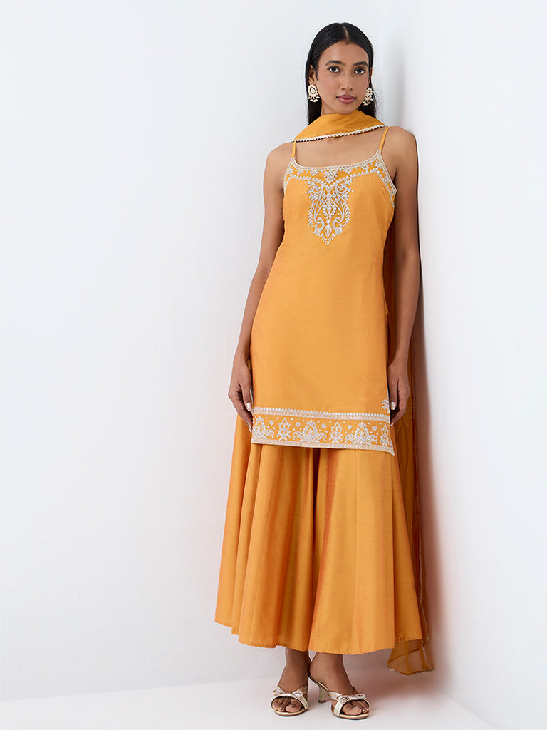 Vark Orange Floral Embroidered A-Line Ethnic Set