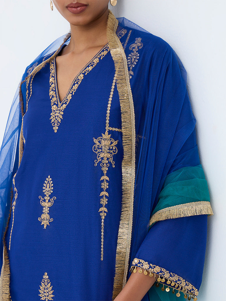 Vark Dark Blue Floral Embroidered Ethnic Set